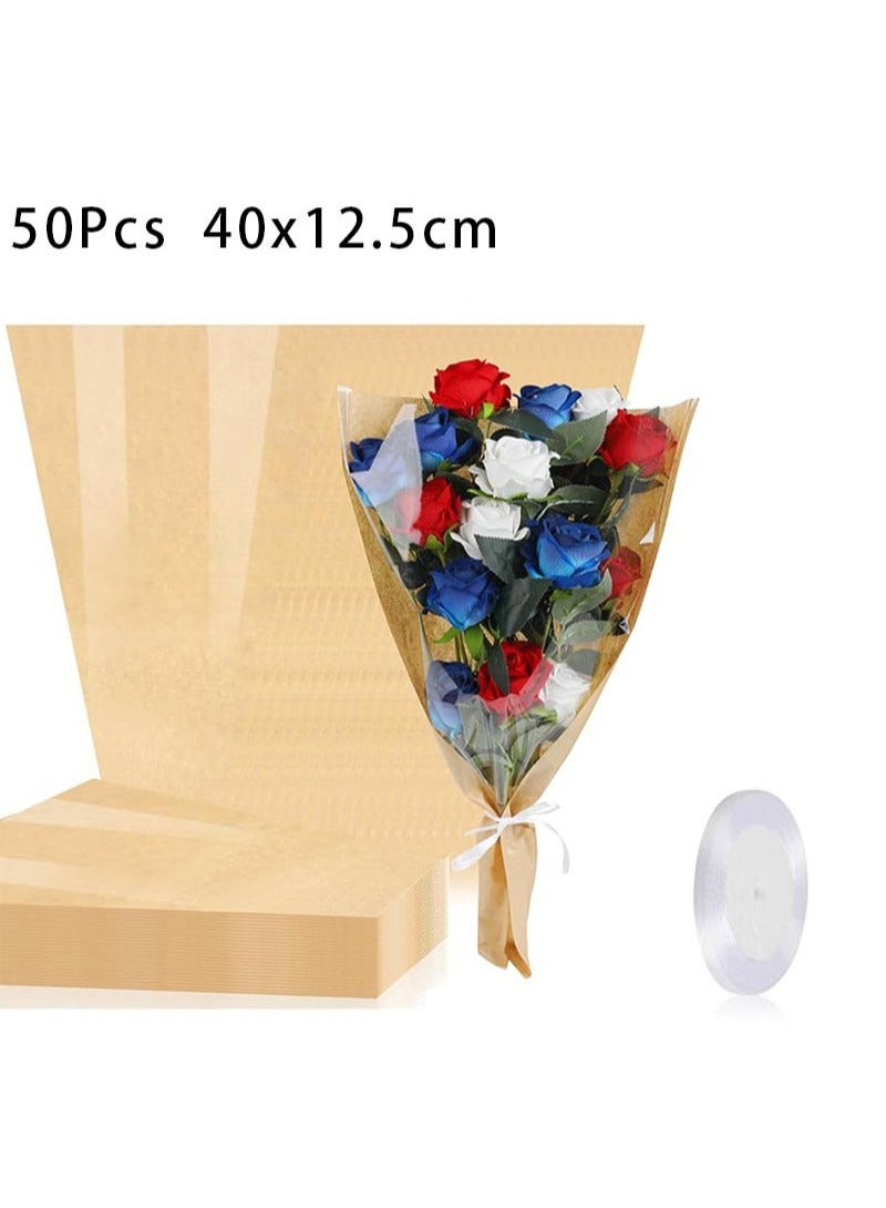 Apustim 50Pcs Flower Packaging Bags，Kraft Paper Flower Packaging Covers，Bouquet Bags Transparent Flower Packaging Covers With Ribbon For Wedding Birthday Graduation Anniversary Supplies - Image 1