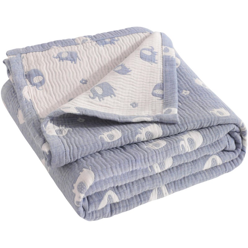 NTBAY 3 Layer Muslin Cotton Toddler Blanket, Jacquard Reversible Nursery Bed Blanket, Super Soft and Thermal for All Seasons, Decoration Gift, 30"x40", Blue Elephant - Image 1