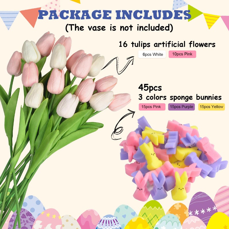 letesult Easter Bunny Vase Filler Decorations, 16 PCS Tulips Artificial Flowers & 45 PCS Bunnies Vase Filler Kit, Easter Spring Rabbit Flowers Vase Filler for Table Centerpiece Spring Home Decoration - Image 3