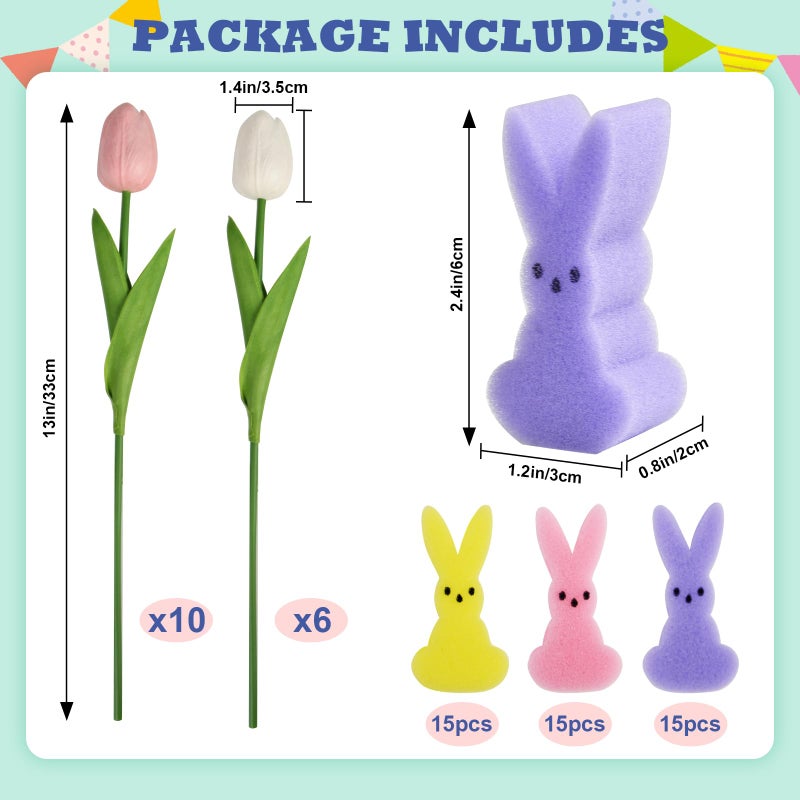 letesult Easter Bunny Vase Filler Decorations, 16 PCS Tulips Artificial Flowers & 45 PCS Bunnies Vase Filler Kit, Easter Spring Rabbit Flowers Vase Filler for Table Centerpiece Spring Home Decoration - Image 2