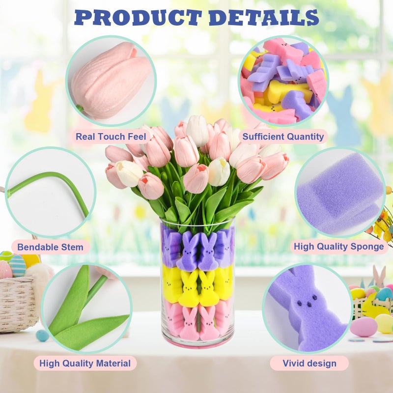letesult Easter Bunny Vase Filler Decorations, 16 PCS Tulips Artificial Flowers & 45 PCS Bunnies Vase Filler Kit, Easter Spring Rabbit Flowers Vase Filler for Table Centerpiece Spring Home Decoration - Image 4