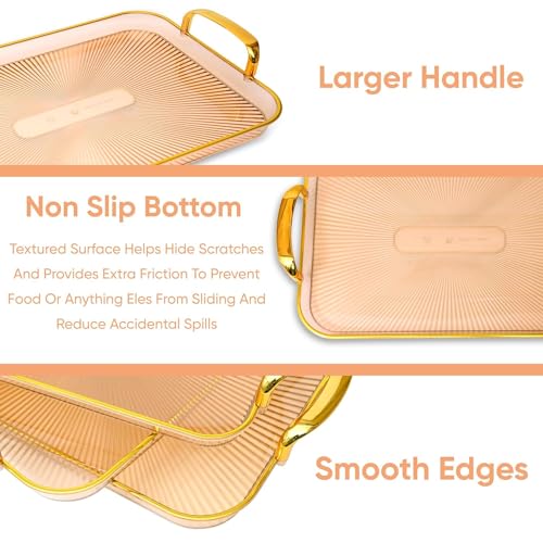 ZODZE Clear Food Rectangular Serving Tray with Gold Handles Set of 3 and Serving Tray for Snack Coffee Bread Fruit, Plastic Tray for Tea Coffee,Trays for Bath Organization (Amber) - Image 4