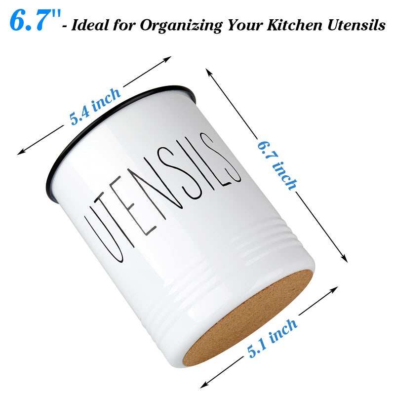 Bivvclaz Kitchen Utensil Holder  6.7"" Utensil Holder for Kitchen Counter  Cooking Utensil Crock with Cork Bottom  Modern Farmhouse Kitchen Decor  Countertop Utensil Storage Caddy Organizer  White - Image 2