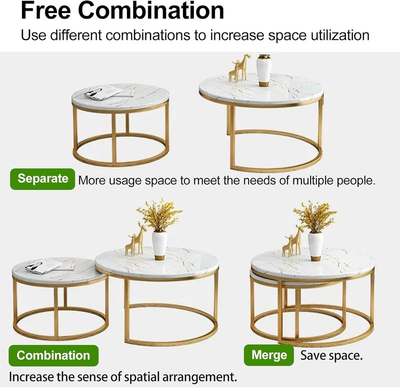 HI-FINE Nesting Table, Coffee Table Set, Golden Frame Circular Round and Marble Pattern Wooden Tables for Living Room Bedroom Apartment (Black) - Image 4