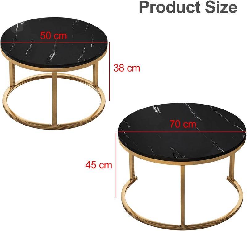 HI-FINE Nesting Table, Coffee Table Set, Golden Frame Circular Round and Marble Pattern Wooden Tables for Living Room Bedroom Apartment (Black) - Image 3