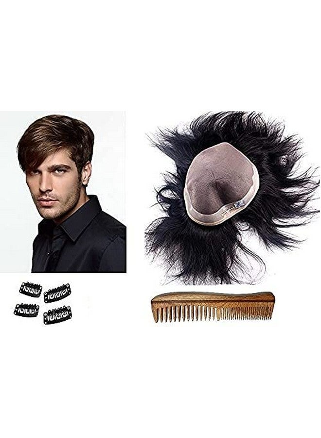 غلان نظام شعر بشري أساسي من الولايات المتحدة الأمريكية، باروكة شعر مستعار للرجال برأس كامل (بني غامق) مع مشط خشبي من النيم، 4 مشابك شعر (7 × 5) - Image 1