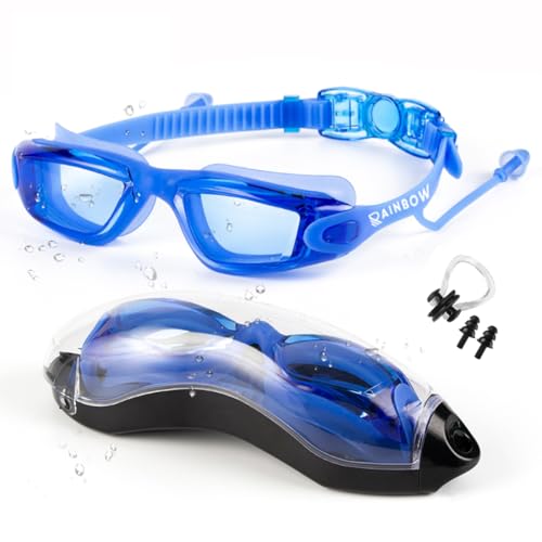 Rainbow Professional Swimming Goggles for Men & Women | Anti-Fog & UV Protected Swimming Glasses for Men & Women | Leak-Proof Goggle with Adjustable Straps & Nose Clip Blue – Pack of 1 - Image 1