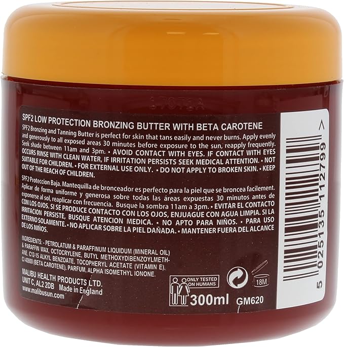 Malibu زبدة الجسم البرونزية السريعة من ماليبو مع واقي الشمس SPF 2 مع بيتا كاروتين برائحة جوز الهند الاستوائية المقاومة للماء 300 مل - Image 2