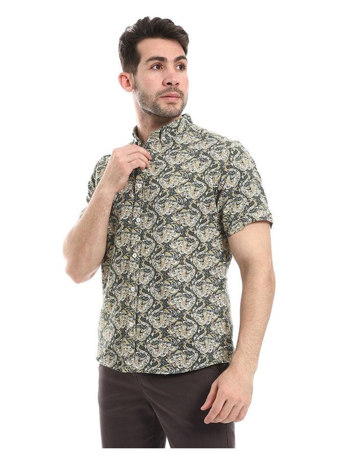 Andora - Self Pattern Buttoned Casual Shirt_ Beige & Green - Image 1