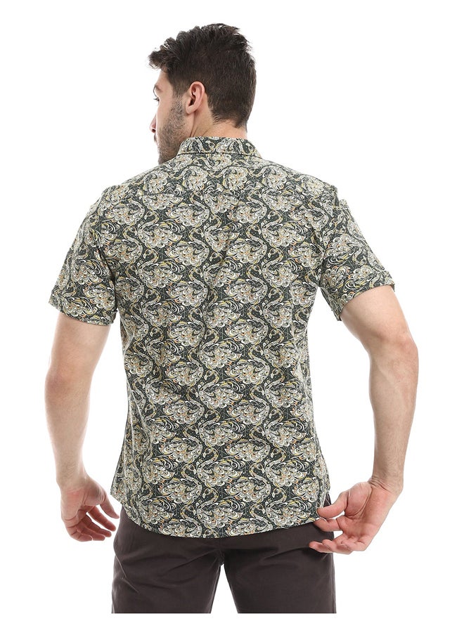 Andora - Self Pattern Buttoned Casual Shirt_ Beige & Green - Image 1