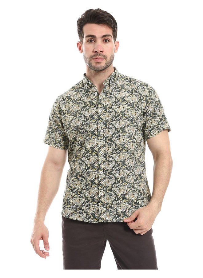 Andora - Self Pattern Buttoned Casual Shirt_ Beige & Green - Image 1