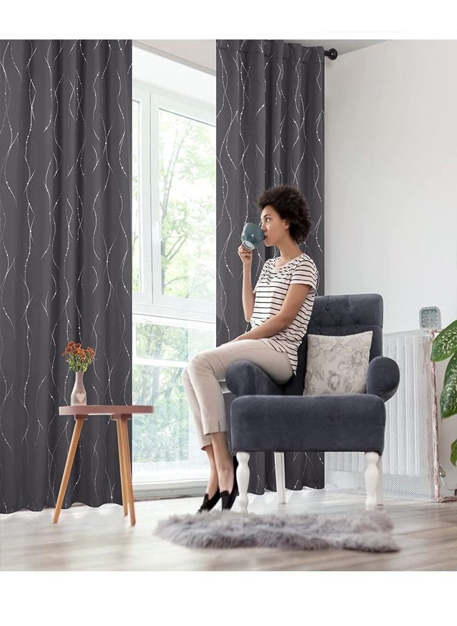 Arabest - 2-Piece Wave Dot and Line Pattern Thermal Insulated Blackout Curtains Dark Grey 100x250cm - Image 1