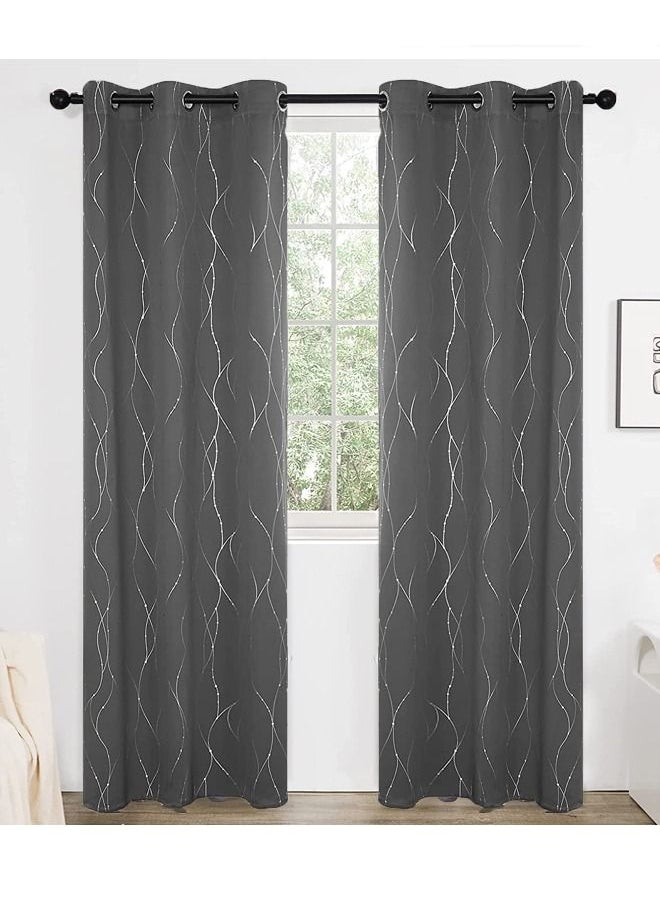 Arabest - 2-Piece Wave Dot and Line Pattern Thermal Insulated Blackout Curtains Dark Grey 100x250cm - Image 1