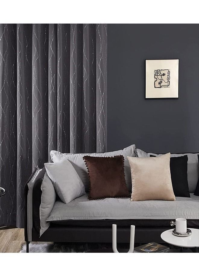 Arabest - 2-Piece Wave Dot and Line Pattern Thermal Insulated Blackout Curtains Dark Grey 100x250cm - Image 1