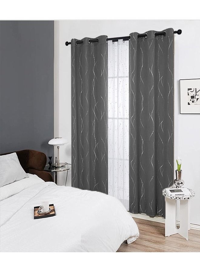 Arabest - 2-Piece Wave Dot and Line Pattern Thermal Insulated Blackout Curtains Dark Grey 100x250cm - Image 1