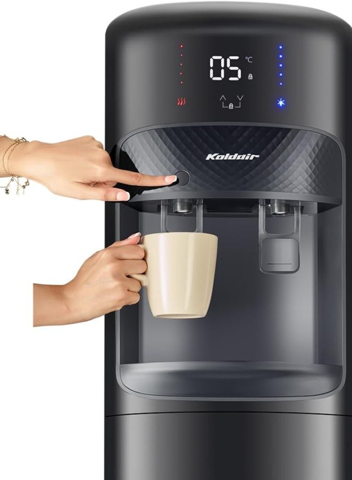 موزع مياه قائم بذاته بتحميل علوي مع ثلاجة تبريد من كولدير، نوع ايه اف، شاشة ديجيتال، قفل أمان للأطفال، حنفيتين ساخن وبارد، أسود