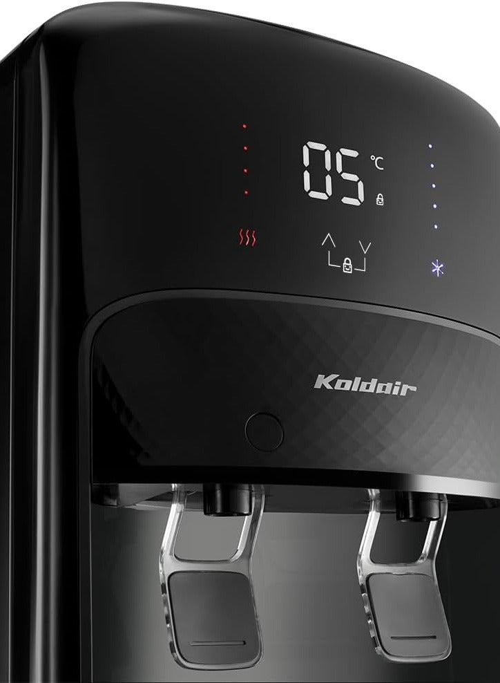 موزع مياه قائم بذاته بتحميل علوي مع ثلاجة تبريد من كولدير، نوع ايه اف، شاشة ديجيتال، قفل أمان للأطفال، حنفيتين ساخن وبارد، أسود