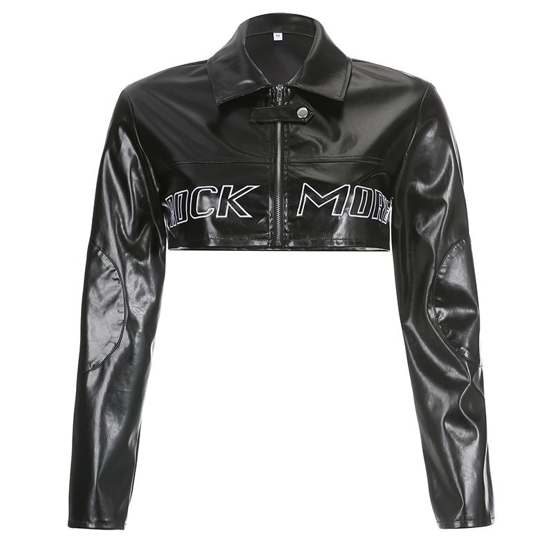 Generic Cross-border PU leather color contrast stitching printing Zhang Zi stand collar zipper long sleeve slim-fit short trend motorcycle jacket women 27414 black (weight 0.22kg) 