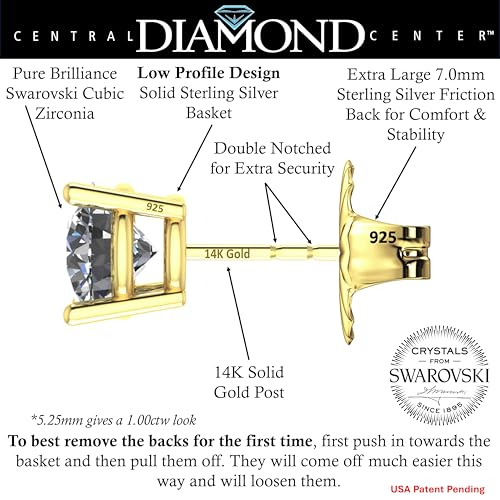 Central Diamond Center 14K Solid Gold Post & Sterling Silver Made with Swarovski 4 Prong CZ Stud Earrings - Yellow Gold Plated - 5.25mm - 1.00cttw - Image 2