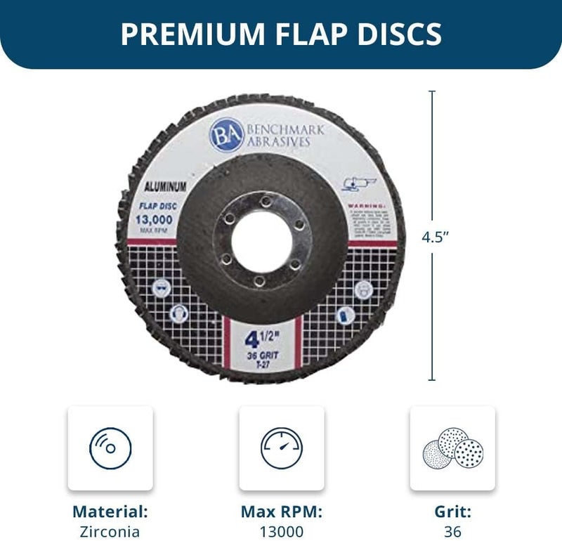 Benchmark Abrasives 4.5" x 7/8" Stearate Coated Type 29 Flap Discs for Aluminum or Other Soft Metals, Angle Grinder Discs for Sanding, Finishing, Grinding, Deburring (10 Pack) - 36 Grit - Image 5