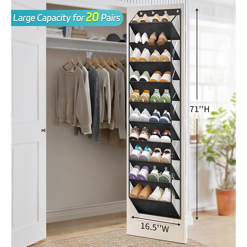 AOODA 10 Tier Clear Over the Door Shoe Organizer Storage, Deep Pockets Large Hanging Shoe Rack for Closet Door, Fit 20 Pairs Shoe Holder Hanger for Sneakers, Boots (Black) - Image 2