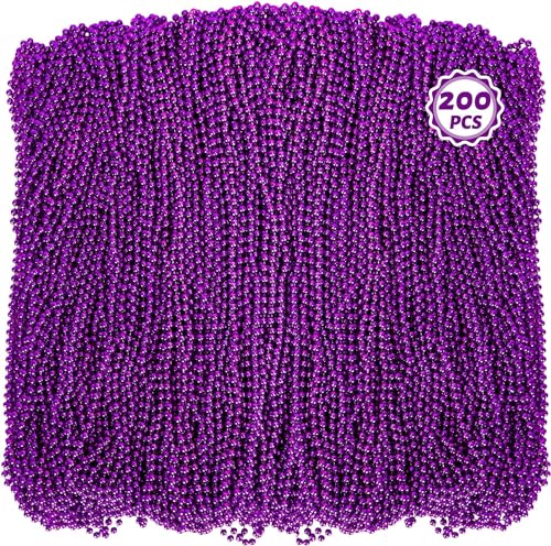 Huskein 200 Pack Mardi Gras Beads 33 Purple Bead Necklace Mardi Gras Costume Accessories Bulk Parade Throws for Carnival Pirate Christmas Wedding Birthday Baby Shower Party Supplies Favors Decor - Image 1