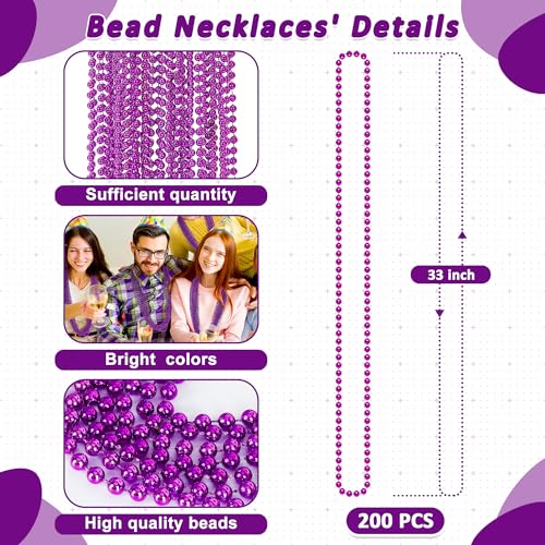 Huskein 200 Pack Mardi Gras Beads 33 Purple Bead Necklace Mardi Gras Costume Accessories Bulk Parade Throws for Carnival Pirate Christmas Wedding Birthday Baby Shower Party Supplies Favors Decor - Image 5