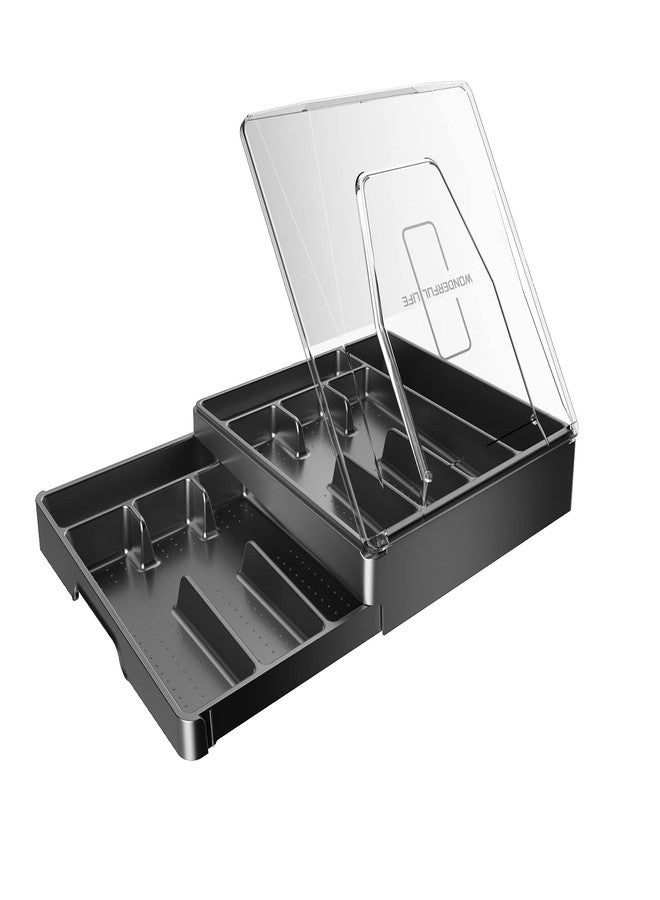 GoCozy Silverware Organizer with Lid, 9 Compartments Flatware Organizer, Plastic Utensil Holder for Countertop, Silverware Tray for Drawer, Black - Image 1