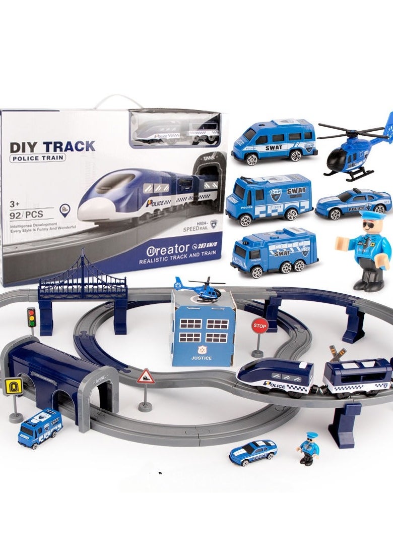 xppier 92 Piece Police Train Track Set, DIY Magnetic Railway Building Blocks for Kids, Educational STEM Construction Toy with Themed Vehicles  - Image 1