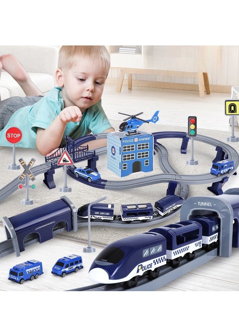 xppier 92 Piece Police Train Track Set, DIY Magnetic Railway Building Blocks for Kids, Educational STEM Construction Toy with Themed Vehicles  - Image 2