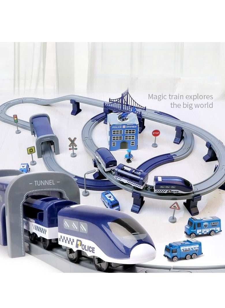 xppier 92 Piece Police Train Track Set, DIY Magnetic Railway Building Blocks for Kids, Educational STEM Construction Toy with Themed Vehicles  - Image 5