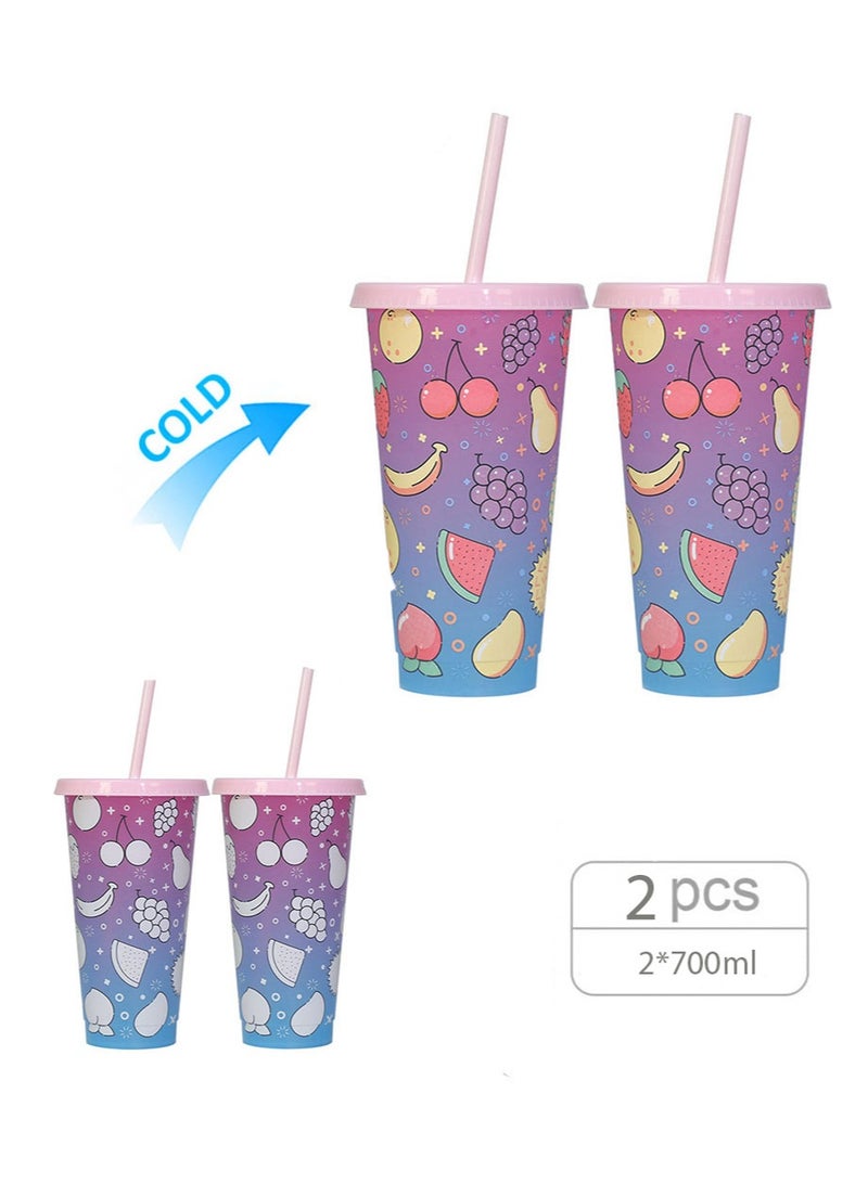 إزدنك كوب متغير اللون، عبوة من قطعتين من الأكواب البلاستيكية سعة 700 مل مع غطاء وقشة، كوب قهوة مثلج قابل لإعادة الاستخدام، مناسب للنساء والبالغين وحفلات الأطفال، أكواب مشروبات مثلجة لطيفة (نمط فاكهة) - Image 1