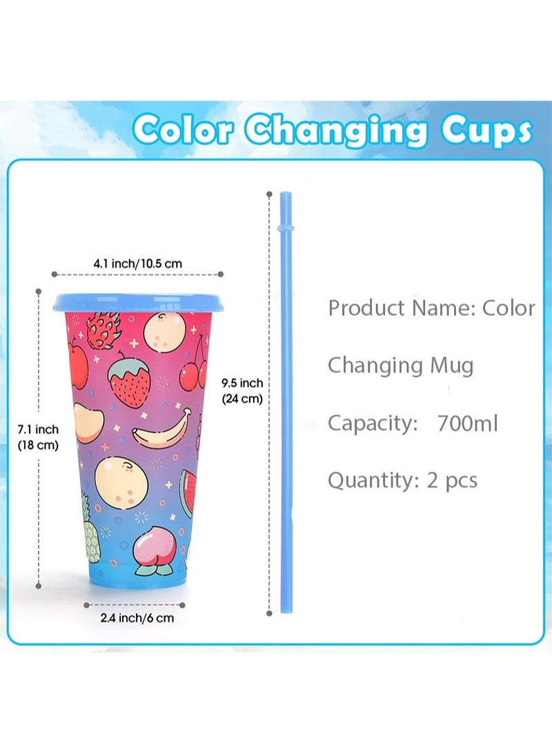 إزدنك كوب متغير اللون، عبوة من قطعتين من الأكواب البلاستيكية سعة 700 مل مع غطاء وقشة، كوب قهوة مثلج قابل لإعادة الاستخدام، مناسب للنساء والبالغين وحفلات الأطفال، أكواب مشروبات مثلجة لطيفة (نمط فاكهة) - Image 3