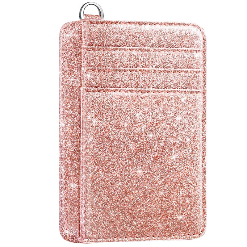 Coco Rossi Slim Front Pocket Wallet RFID ID Card Holder Cute Small Wallet with Keychian for Women,Rose Gold Glitter - Image 1
