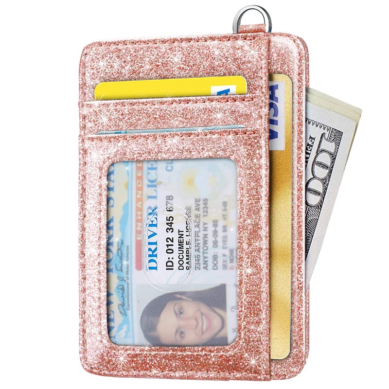 Coco Rossi Slim Front Pocket Wallet RFID ID Card Holder Cute Small Wallet with Keychian for Women,Rose Gold Glitter - Image 2