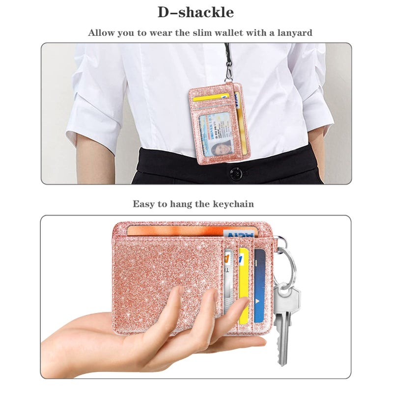 Coco Rossi Slim Front Pocket Wallet RFID ID Card Holder Cute Small Wallet with Keychian for Women,Rose Gold Glitter - Image 4