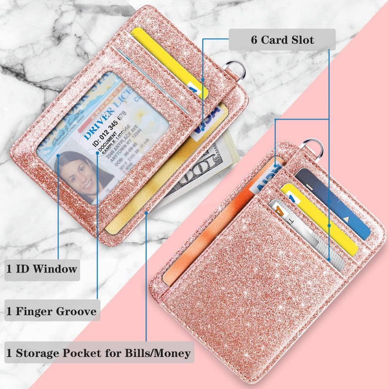 Coco Rossi Slim Front Pocket Wallet RFID ID Card Holder Cute Small Wallet with Keychian for Women,Rose Gold Glitter - Image 3