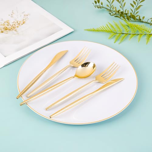 I00000 150PCS White and Gold Plastic Plates with Disposable Silverware for 30 Guests,White Plastic Plates Set Include 30 Dinner Plate,30 Dessert Plate,90 Gold Cutlery for Wedding & Party - Image 3