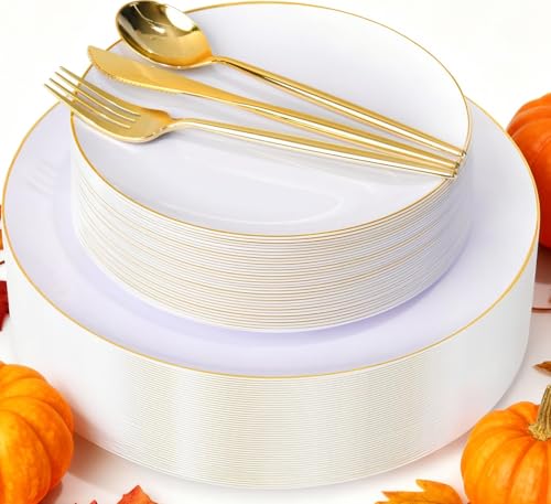 I00000 150PCS White and Gold Plastic Plates with Disposable Silverware for 30 Guests,White Plastic Plates Set Include 30 Dinner Plate,30 Dessert Plate,90 Gold Cutlery for Wedding & Party - Image 1