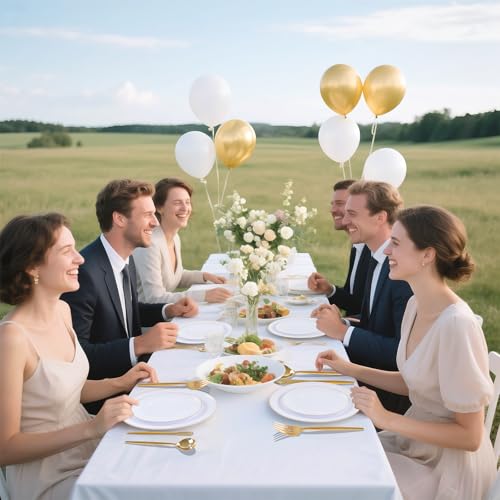 I00000 150PCS White and Gold Plastic Plates with Disposable Silverware for 30 Guests,White Plastic Plates Set Include 30 Dinner Plate,30 Dessert Plate,90 Gold Cutlery for Wedding & Party - Image 4