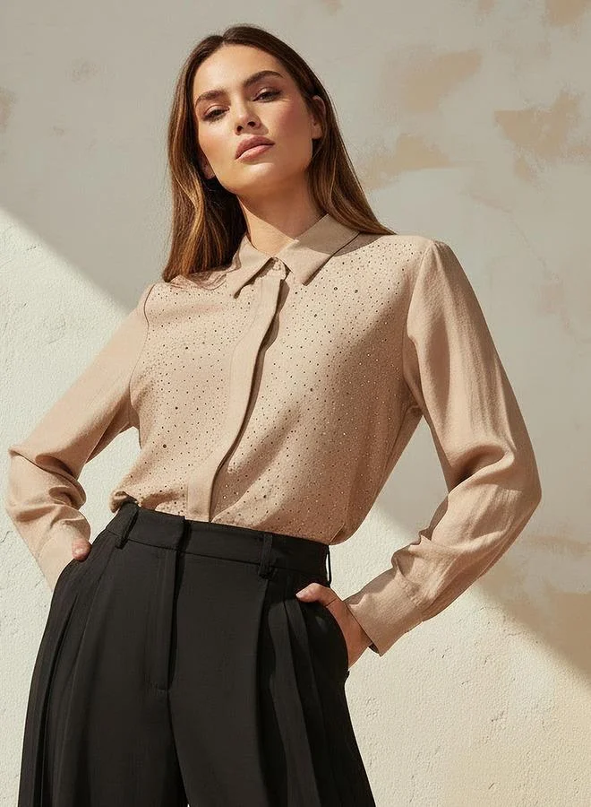 Splash FAV Relaxed Fit Linen Blend Shirt with Stud Embellishment