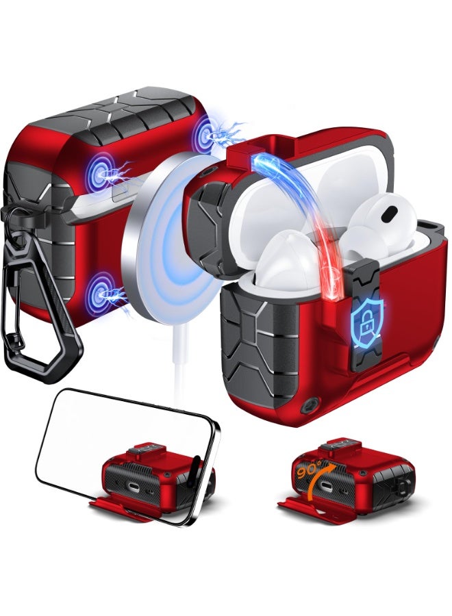 MagArmor Auto-Open for AirPods Pro 3rd Gen Case with Built-in Magnets, [One-Press Auto-Open] [Compatible with Mag-Safe Charging], Full-Body MIL-Grade Protective with Air-AL Carabiner Red - Image 1