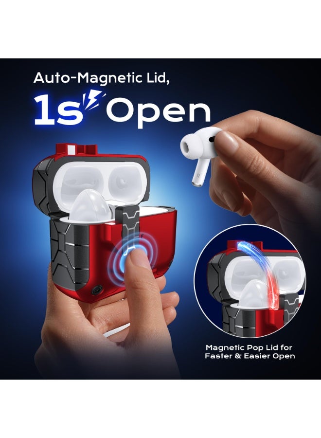 MagArmor Auto-Open for AirPods Pro 3rd Gen Case with Built-in Magnets, [One-Press Auto-Open] [Compatible with Mag-Safe Charging], Full-Body MIL-Grade Protective with Air-AL Carabiner Red - Image 2