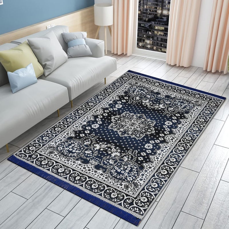 Purav Light Traditional Persian Design Cotton Carpet for Living Room| Elegant Persian Design Carpets| Carpet for Home Decoration,Living Room| 5x7 Feet Kaleen Mat| Washable| Colour-Navy Blue| Pack of 1 - Image 1