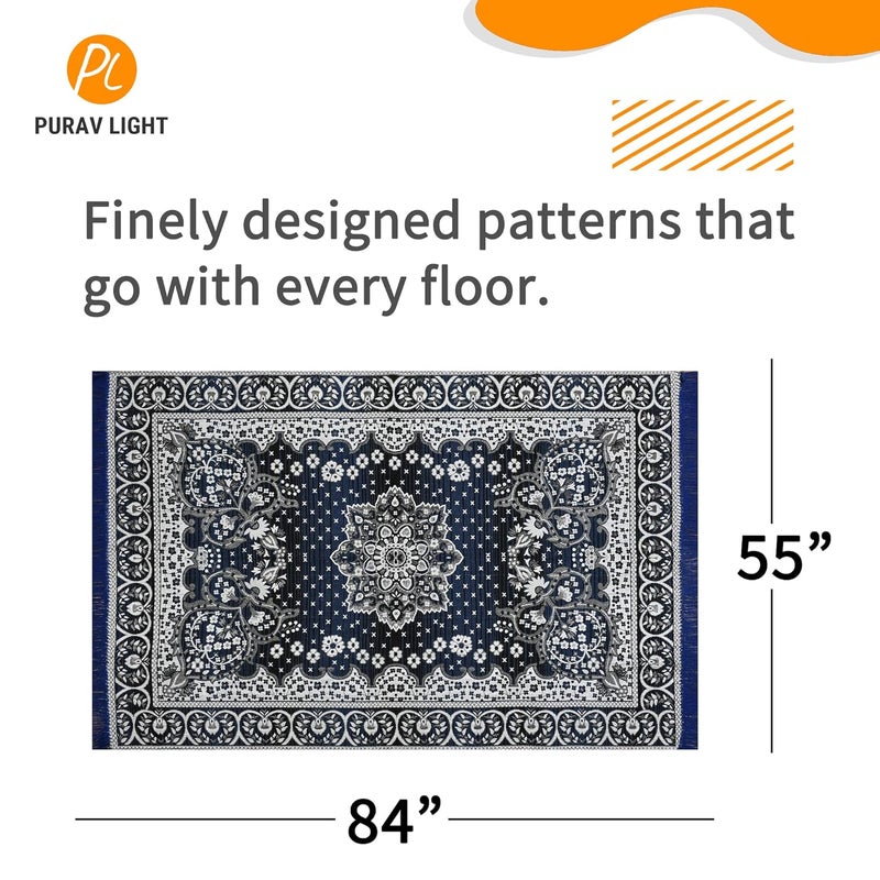 Purav Light Traditional Persian Design Cotton Carpet for Living Room| Elegant Persian Design Carpets| Carpet for Home Decoration,Living Room| 5x7 Feet Kaleen Mat| Washable| Colour-Navy Blue| Pack of 1 - Image 2