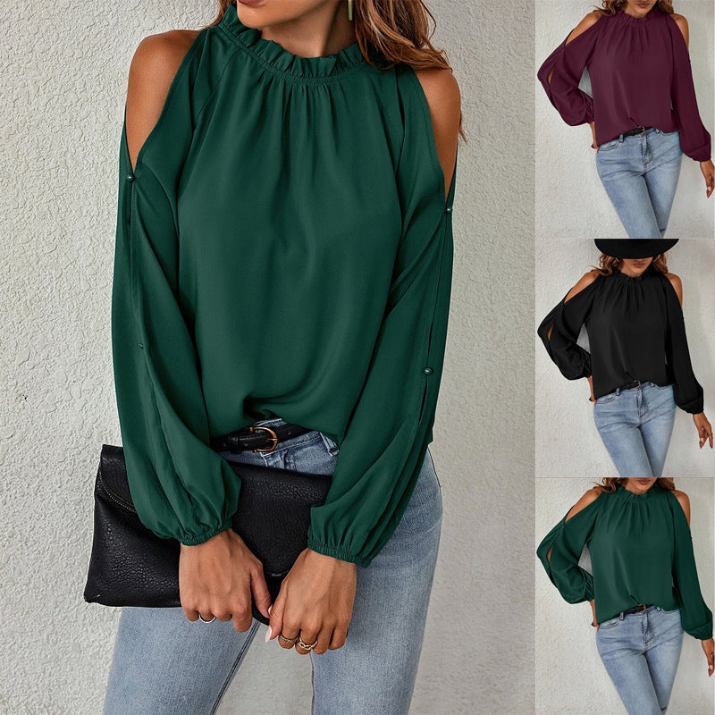 women's solid color lotus leaf round neck long sleeve pleated off-shoulder fashion blouse - Image 2