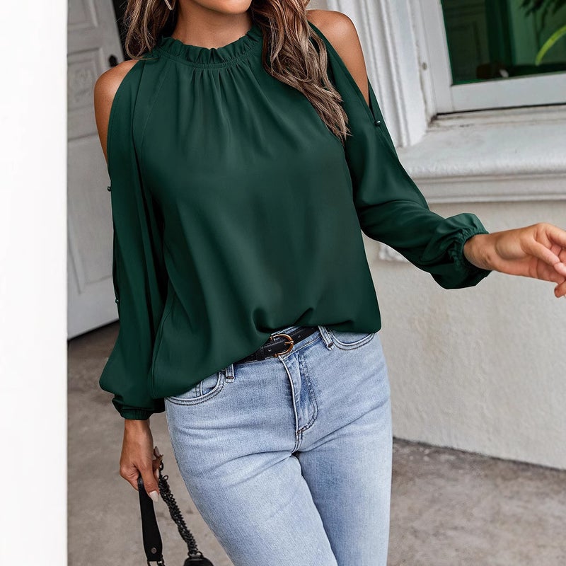 women's solid color lotus leaf round neck long sleeve pleated off-shoulder fashion blouse - Image 5