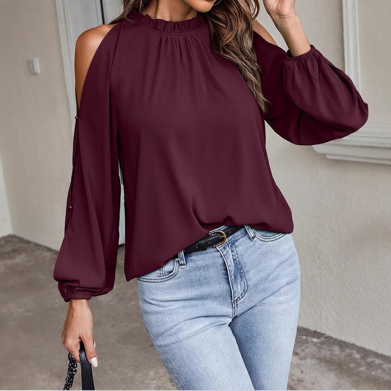 women's solid color lotus leaf round neck long sleeve pleated off-shoulder fashion blouse - Image 4