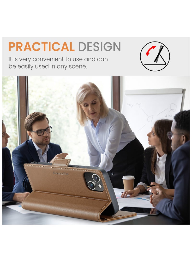 Flip Wallet Case for iPhone 15, Leather Magnetic Attachment Flip Case Brown - Image 5