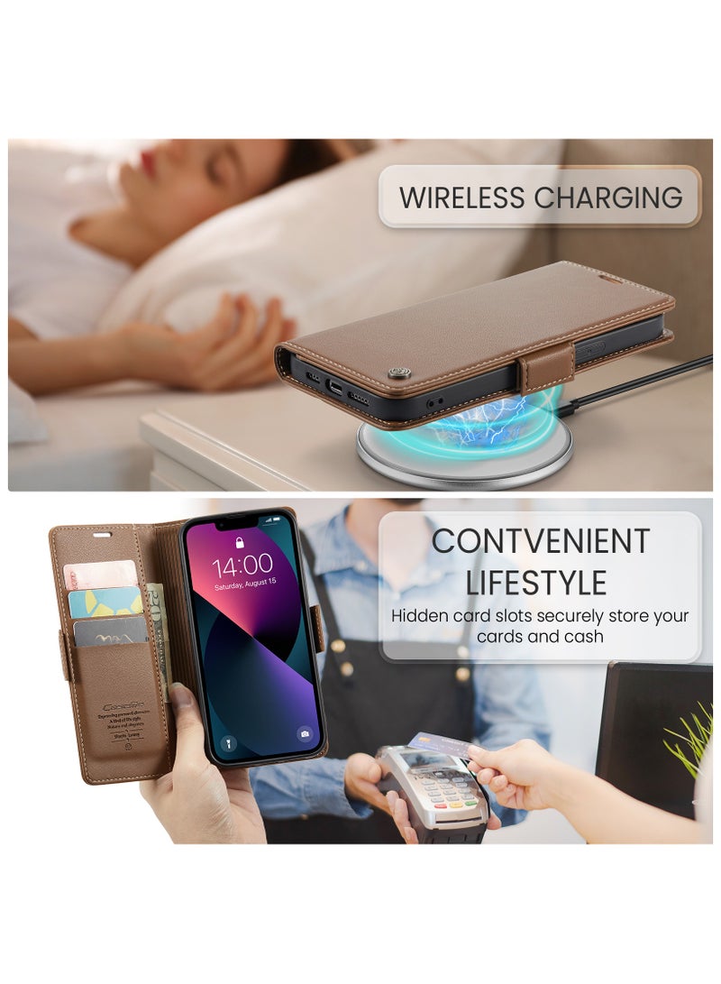 Flip Wallet Case for iPhone 15, Leather Magnetic Attachment Flip Case Brown - Image 4